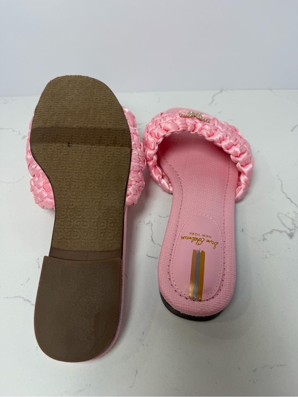 Sam Edelman Pink Braided Satin Slide Sandals with Gold Logo - Picture 4 of 5